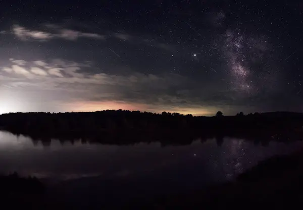 Fantastic Panoramic View Milky Way Reflected Water — Stock Photo, Image