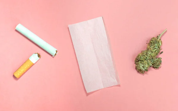 大麻をピンクの背景にタバコと一緒に転がすための材料 — ストック写真