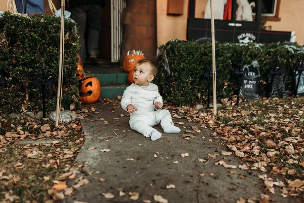 Adorable Toddler Boy Dressed Mummy Halloween Trick Treat — Stock Photo, Image