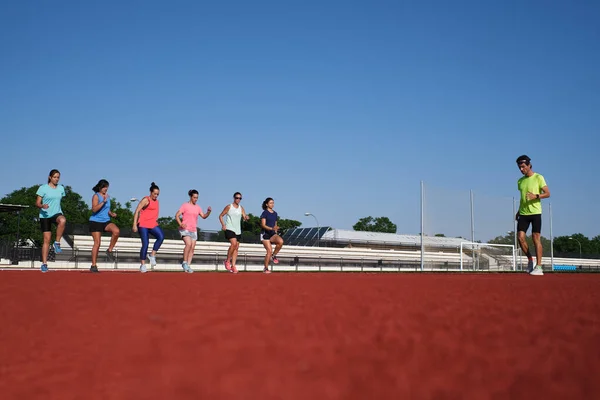 Groupe Femmes Pratiquent Pré Entraînement Étirement Avec Leur Jeune Traine — Photo