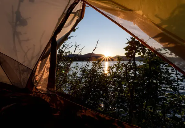 Shrubs Growing Coast Lake Sky Bright Sunset Sky Tent Campsite — Stock Photo, Image