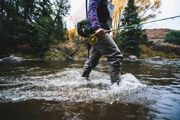 Midsection Woman Fly Fishing Roaring Fork River — Stock Photo, Image