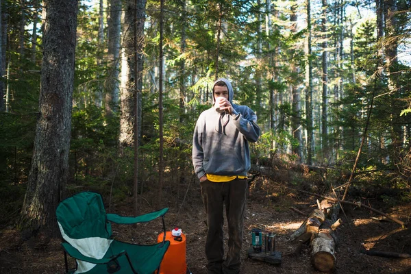 Solo Man Drinking Coffee While Camping Coastal Maine — Stock Photo, Image