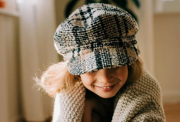 Portrait Young Girl Hat Playfully Smiling Home — Stock Photo, Image