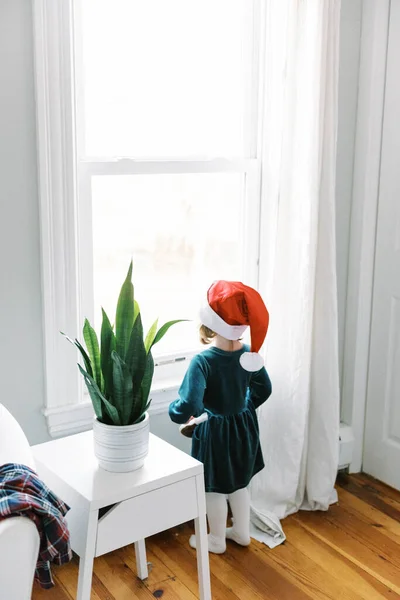 Little Girl Looking Out Window Waiting Santa Clause Christmas — Stock Photo, Image