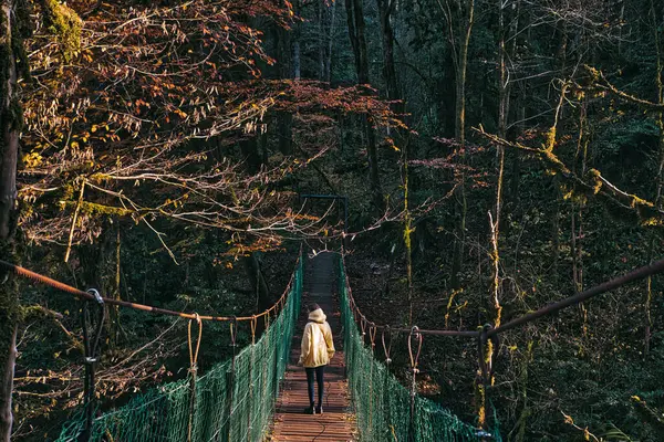 Молодая Женщина Переходящая Мост — стоковое фото