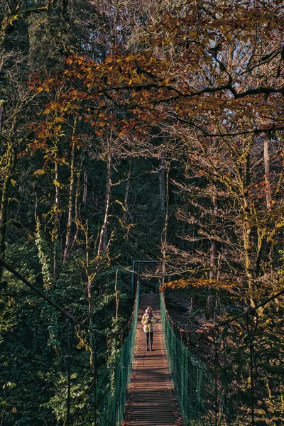 Giovane Donna Che Attraversa Ponte Sospeso Nella Foresta Autunnale — Foto Stock