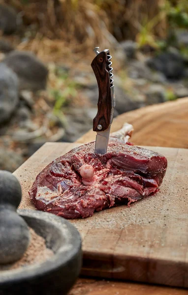 Beef Steak Rosemary Knife Wooden Table — Stock Photo, Image