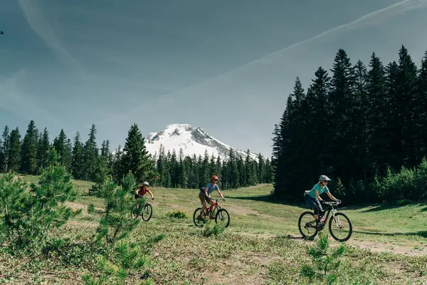 Kadın Mount Yakınlarında Bir Patikada Bisiklete Biniyor Oregon Hood — Stok fotoğraf