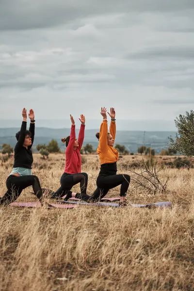 Frauengruppe Praktiziert Pilates Auf Dem Land — Stockfoto