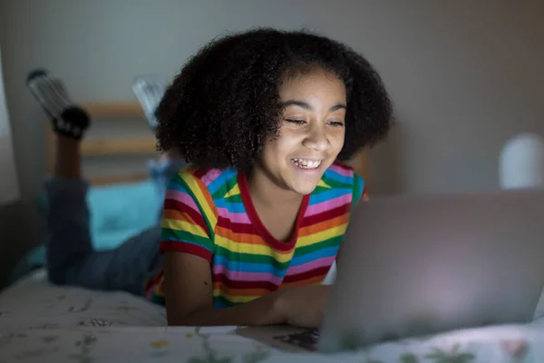 Smiling Ten Year Old Racial Girl Working Her Apple Laptop — Stock Photo, Image
