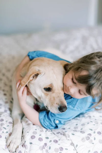 Sweet Moment Caring Gentle Toddler Girl Dog Bed — Stock Photo, Image