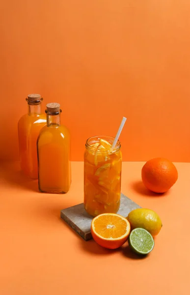 Orange Juice Jug Grapefruit Lemon Citrus Fruits Light Wooden Table — Stock Photo, Image