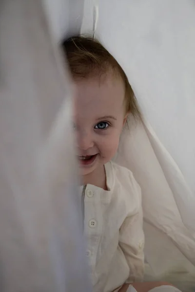 Baby Girl Hiding Sheet — Stock Photo, Image