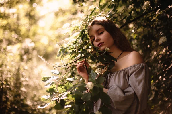 Jeune Femme Paisible Debout Près Des Branches Fleuries Dans Parc — Photo