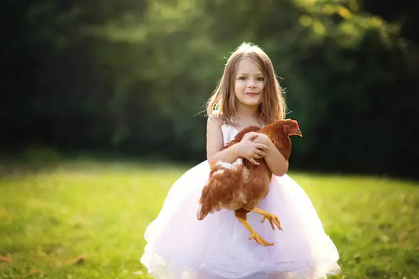 Cute Little Girl Holding Chicken Outdoors Backlight — Stock Photo, Image