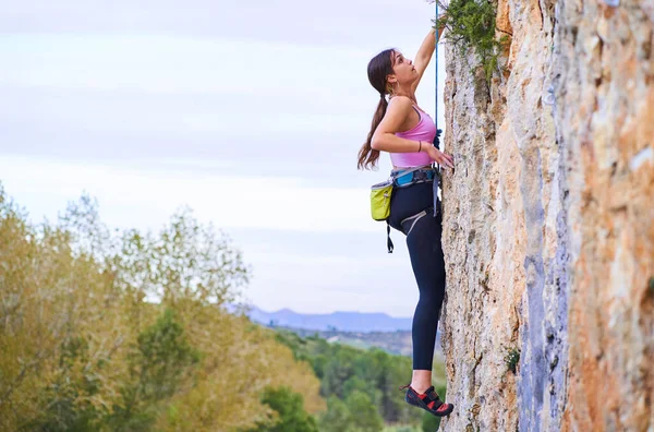 Foto Perfil Una Joven Escalando Una Empinada Pared Rocosa —  Fotos de Stock