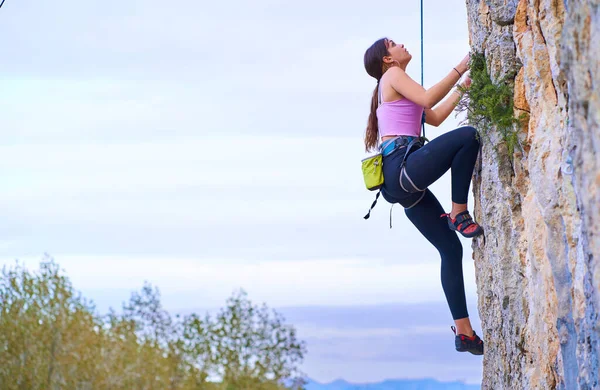 Profile Photo Young Woman Climbing Steep Rock Wall — Stock Photo, Image