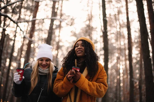 Happy Girlfriends Walking Trees Park Winter — Stock Photo, Image