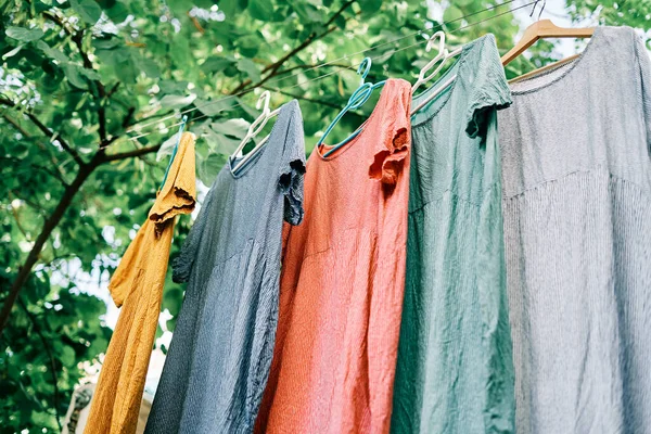 Colorful Clothes Hanging Hangers Clothesline Home Garden — Stock Photo, Image