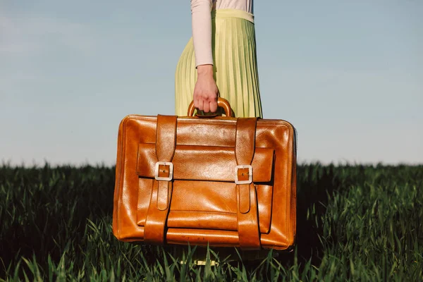 Female Green Skirt Hold Suitcase Wheat Field — Stock Photo, Image