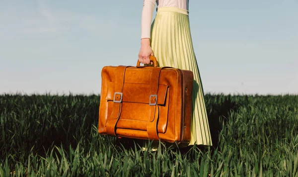 Female Green Skirt Holding Suitcase Wheat Field — Stock Photo, Image