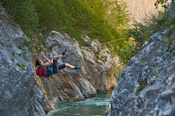 Woman Crossing River Tyrolean Traverse Verdon Canyon — Stock Photo, Image