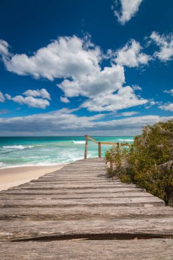 Tahta patika yolu, kum tepelerinden geçerek fynbos bitki örtüsüne oradan da De Hoop doğa koruma alanındaki güzel Hint Okyanusu sahiline, Güney Afrika gökyüzüne karşı.