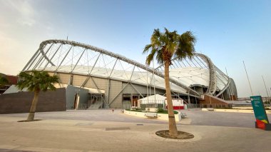 Doha, Qatar  September 26, 2019: Faade of Khalifa International Stadium against blue sky.
