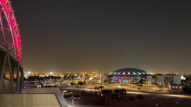 Scenic view of Aspire Sport City Complex in Doha, Qatar, Middle East at night