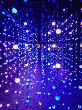 Mavi ve beyaz parlayan ampullerle dolu engin bir tünel geceleri canlı bir ışık tesisi oluşturuyor.