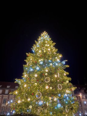 Fransa 'nın orta çağ kenti Alsace' de Kleber Meydanı 'nda geceleyin aydınlatılmış Noel ağacı ve xmas pazarı