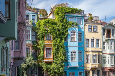 Türkiye, İstanbul 'da bulutlu mavi gökyüzüne karşı Balat cephesinde bereketli sarmaşıklı renkli tarihi evler