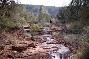 Kırmızı ceketli bir adam dağlarda yürüyor.