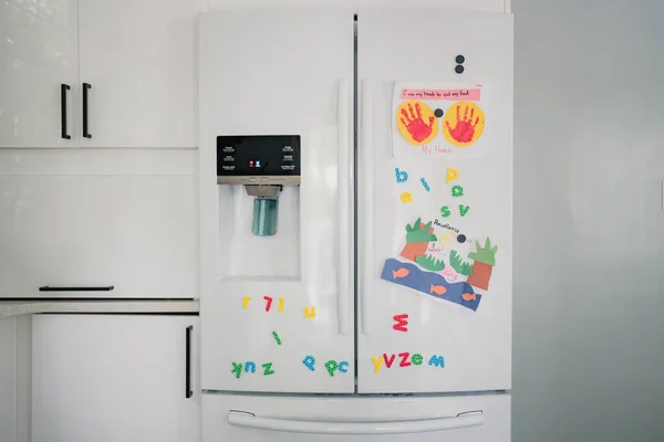 White Kitchen Refrigerator Colorful Childish Elements — Zdjęcie stockowe