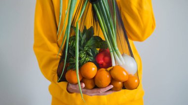 Sürdürülebilir çoklu organik çiftçi sebzeleri torbası. Kadının elinde sebze, domates, organik gıda alışverişi konsepti, doğal vejetaryen yiyeceği olan bir poşet var.