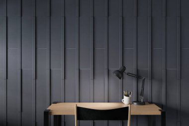 Çalışma masası ve Blackwood duvarının modern çalışma alanı. 3B görüntüleme.