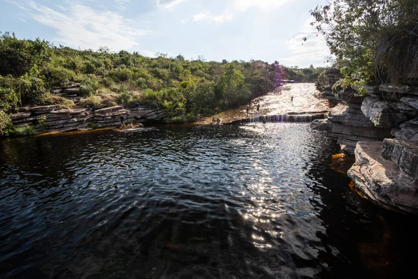 Beautiful Natural Waterfall River Pool Rocky Landscape — стоковое фото