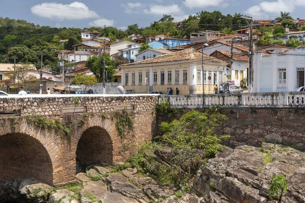 Ponte Rochosa Sobre Rio Rochoso Centro Histórico Pequena Aldeia — Fotografia de Stock