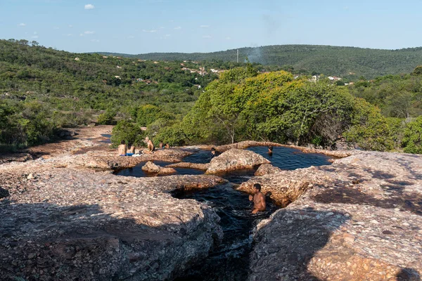 Beautiful View People Bathing Dark Water River Pools — Foto Stock