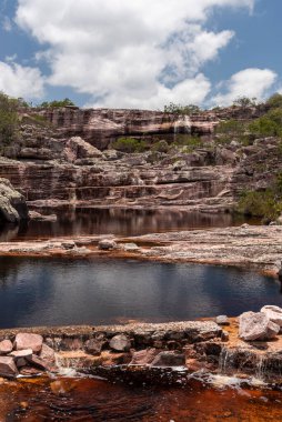 Güzel doğal şelale ve kayalık arazide nehir havuzu.