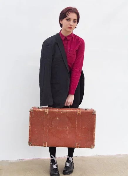 Girl Red Shirt Jacket Suitcase — Stock Photo, Image