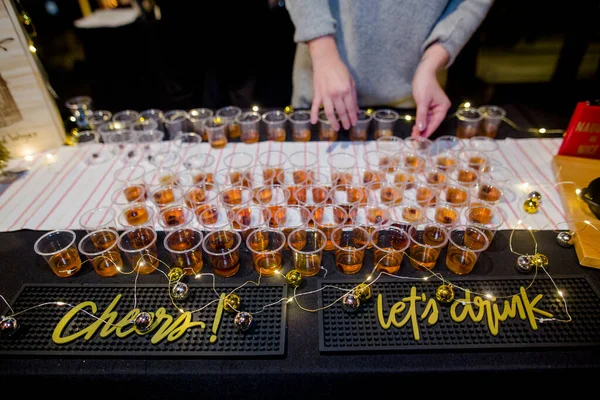 Series Cocktail Drinks Lined Festively Decorated Table — Stock Photo, Image