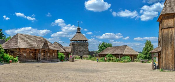 Запорожье, Украина 07.20.2020. Интерьер музея под открытым небом Национального заповедника "Хортица" в Запорожье, Украина, в солнечный летний день