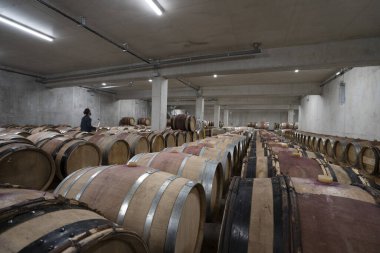 Wine cellar full of wooden barrels on a wine farm, a man in background clipart