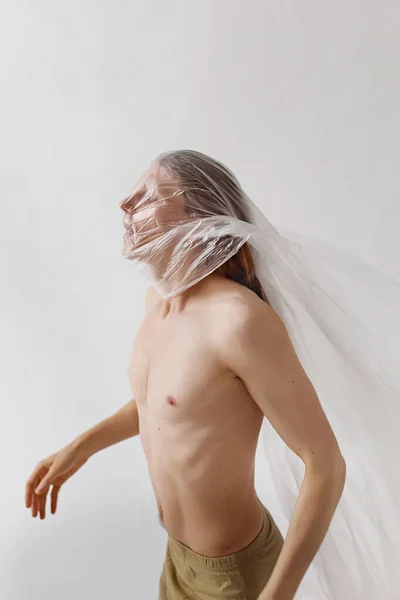 Studio Portrait Naked Man Big Plastic Bag Plastic Pollution Concept — Stock Photo, Image