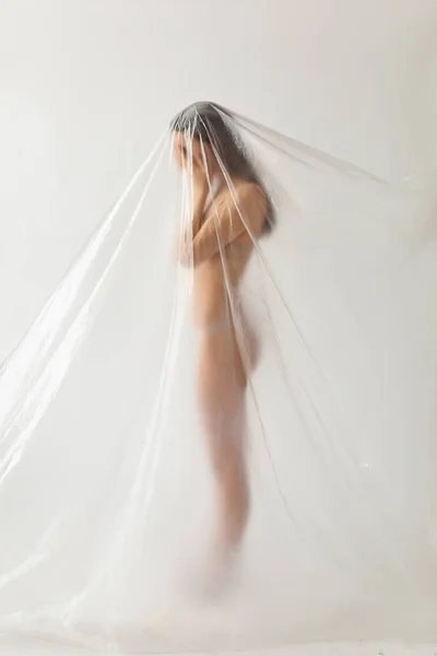 Studio Portrait Naked People Big Plastic Bag Plastic Pollution Concept — Stock Photo, Image