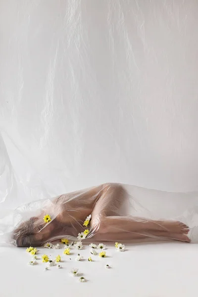 Studio Portrait Naked People Big Plastic Bag Plastic Pollution Concept — Stock Photo, Image