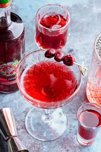 Red Wine Glasses Cherry Juice Wooden Background — Stock Photo, Image