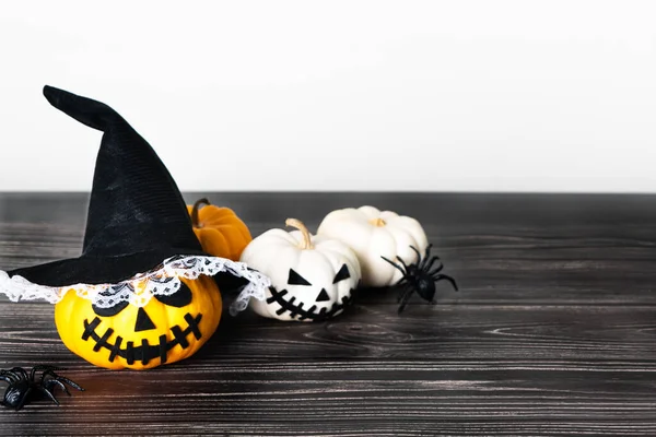 Buon Halloween Zucca Dell Orrore Ragno Spaventoso Sul Tavolo Legno — Foto Stock